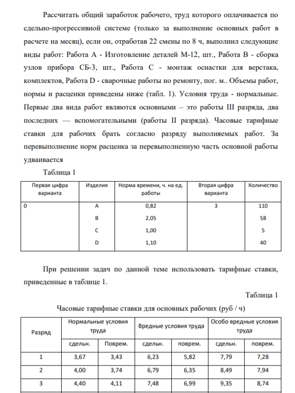 Рассчитать общий заработок рабочего, труд которого оплачивается по сдельно-прогрессивной системе (только за выполнение основных работ в расчете на месяц), если он, отработав 22 смены по 8 ч,