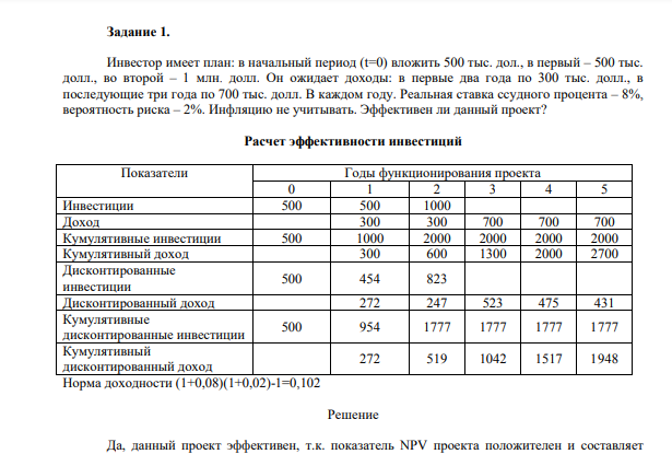 Инвестор имеет план: в начальный период (t=0) вложить 500 тыс. дол., в первый – 500 тыс. долл., во второй – 1 млн. долл. Он ожидает доходы: в первые два года по 300 тыс. долл., в последующие три года по 700 тыс. долл. В каждом году. Реальная ставка ссудного процента – 8%, вероятность риска – 2%.