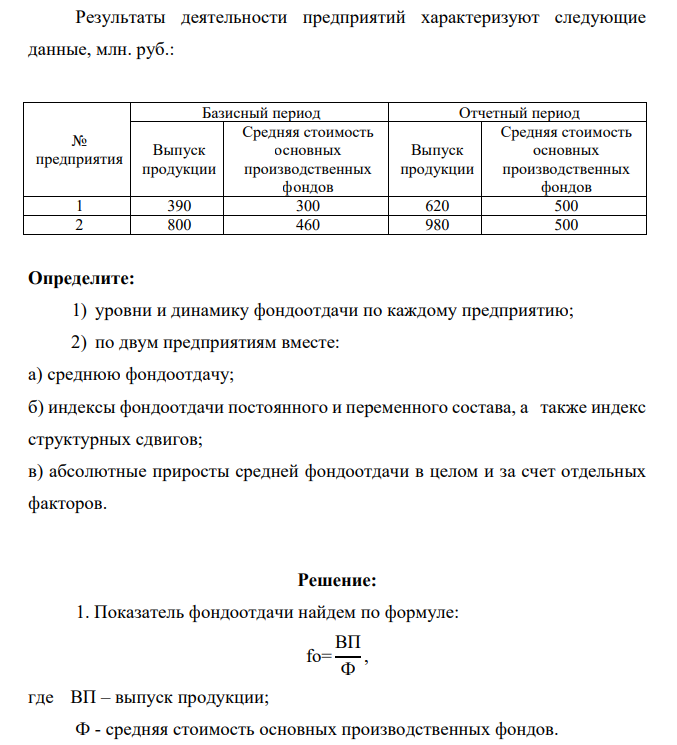 Результаты деятельности предприятий характеризуют следующие данные, млн. руб.: № предприятия Базисный период Отчетный период Выпуск продукции Средняя стоимость основных производственных фондов Выпуск продукции