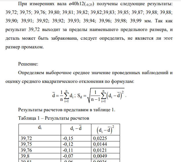 При измерениях вала ø40h12(-0,25) получены следующие результаты: 39,72; 39,75; 39,76; 39,80; 39,81; 39,82; 39,82;39,83; 39,85; 39,87; 39,88; 39,88; 39,90; 39,91; 39,92; 39,92; 39,93; 39,94; 39,96; 39,98; 39,99 мм.