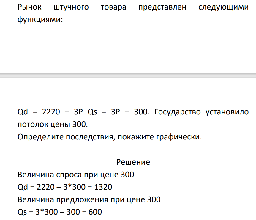 Рынок штучного товара представлен следующими функциями: Qd = 2220 – 3Р Qs = 3Р – 300. Государство установило потолок цены 300. Определите последствия, покажите графически.