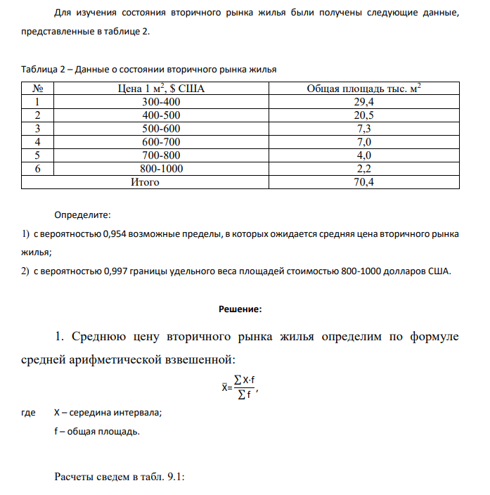 Для изучения состояния вторичного рынка жилья были получены следующие данные, представленные в таблице 2. Таблица 2 – Данные о состоянии вторичного рынка жилья № Цена 1 м2 , $ США Общая площадь тыс. м2 1 300-400