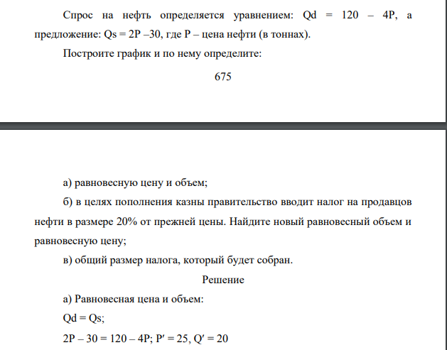 Спрос на нефть определяется уравнением: Qd = 120 – 4Р, а предложение: Qs = 2Р –30, где Р – цена нефти (в тоннах). Построите график и по нему определите: 676 а) равновесную цену и объем; б) в целях пополнения казны правительство вводит налог на продавцов нефти в размере 20% от прежней цены. Найдите новый равновесный объем и равновесную цену; в) общий размер налога, который будет собран.