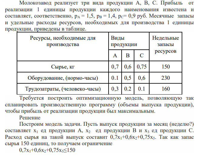 Молокозавод реализует три вида продукции А, В, С. Прибыль от реализации 1 единицы продукции каждого наименования известена и составляет, соответственно, рА = 1,5, рВ = 1,4, рС= 0,9 руб.