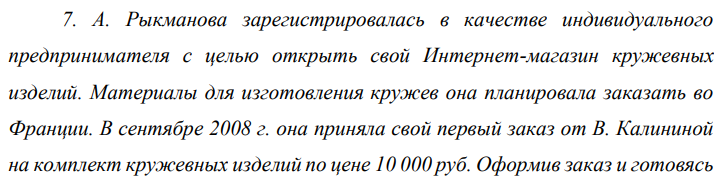 А. Рыкманова зарегистрировалась в качестве индивидуального предпринимателя с целью открыть свой Интернет-магазин кружевных изделий. Материалы для изготовления кружев она планировала заказать во Франции.