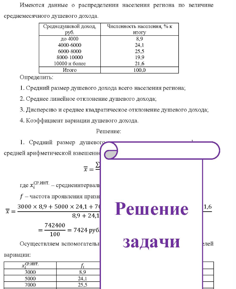 Имеются данные о распределении населения региона по величине среднемесячного душевого дохода. Сре Среднедушевой доход. Численность населения, % к руб. до 4000 4000-6000 6000-8000 8000-10000 10000 и более Итого итогу 8,9 24,1 25,5 19,9 21.6 100,0 Определить: 1. 1. Средний размер душевого