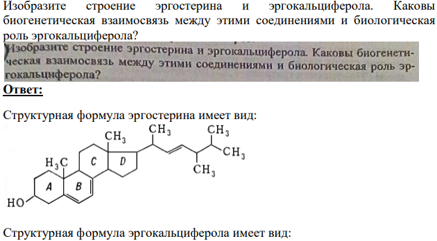 Изобразите строение эргостерина и эргокальциферола. Каковы биогенетическая взаимосвязь между этими соединениями и биологическая роль эргокальциферола?