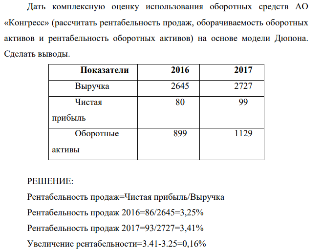 Дать комплексную оценку использования оборотных средств АО «Конгресс» (рассчитать рентабельность продаж, оборачиваемость оборотных активов и рентабельность оборотных активов) на основе модели Дюпона.