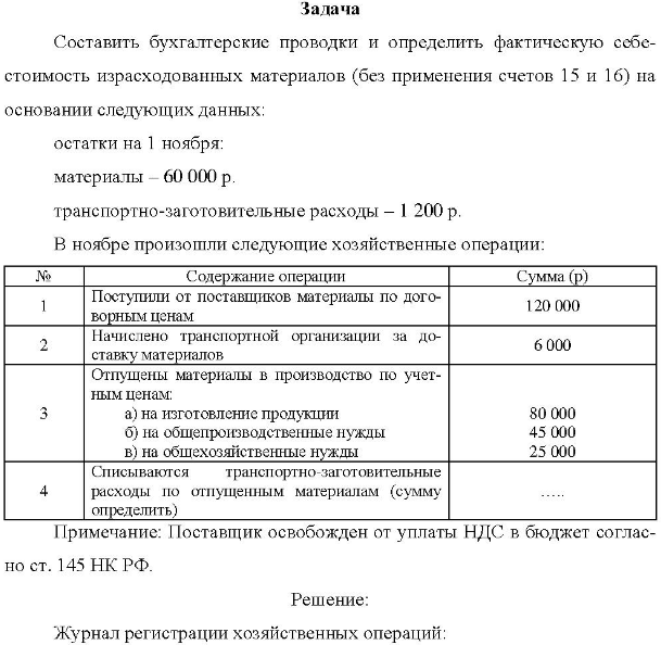 Составить бухгалтерские проводки и определить фактическую себе- стоимость израсходованных материалов (без применения счетов 15 и 16) на основании следующих данных: остатки на 1 ноября: материалы - 60 000 р. транспортно-заготовительные расходы - 1 200 р. В ноябре произошли следующие хозяйственные операции: № Содержание операции Сумма (р)