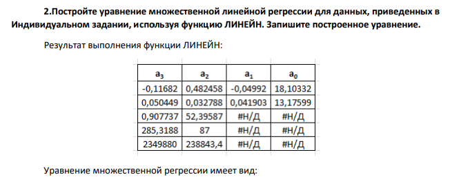 .Постройте уравнение множественной линейной регрессии для данных, приведенных в Индивидуальном задании, используя функцию ЛИНЕЙН. Запишите построенное уравнение.