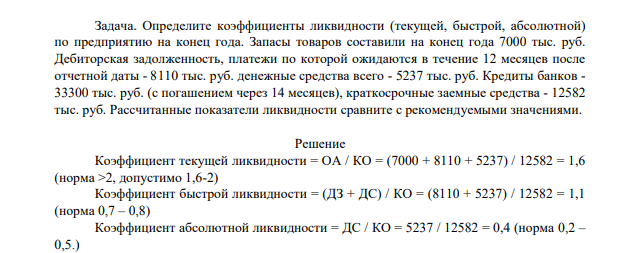 Определите коэффициенты ликвидности (текущей, быстрой, абсолютной) по предприятию на конец года. Запасы товаров составили на конец года 7000 тыс. руб. Дебиторская задолженность, платежи по которой ожидаются в течение 12 месяцев после отчетной даты - 8110 тыс.