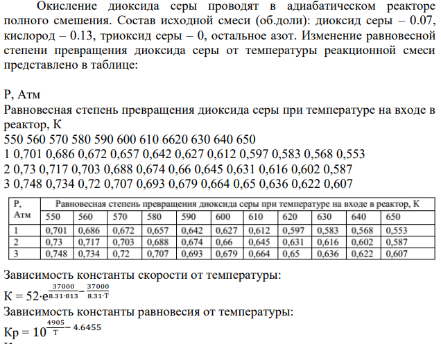 Окисление диоксида серы проводят в адиабатическом реакторе полного смешения. Состав исходной смеси (об.доли): диоксид серы – 0.07, кислород – 0.13, триоксид серы – 0, остальное азот. Изменение равновесной степени превращения диоксида серы от температуры реакционной смеси представлено в таблице: Р, Атм Равновесная степень превращения диоксида серы при температуре на входе в реактор, К 550 560 570 580 590 600 610 6620 630 640 650 1 0,701 0,686 0,672 0,657 0,642 0,627 0,612 0,597 0,583 0,568 0,553 2 0,73 0,717 0,703 0,688 0,674 0,66 0,645 0,631 0,616 0,602 0,587 3 0,748 0,734 0,72 0,707 0,693 0,679 0,664 0,65 0,636 0,622 0,607