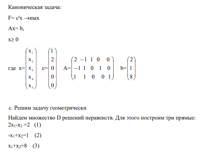 Дана задача линейного программирования, в которой x1 0, x2 0. a. Записать задачу в канонической и стандартной формах;