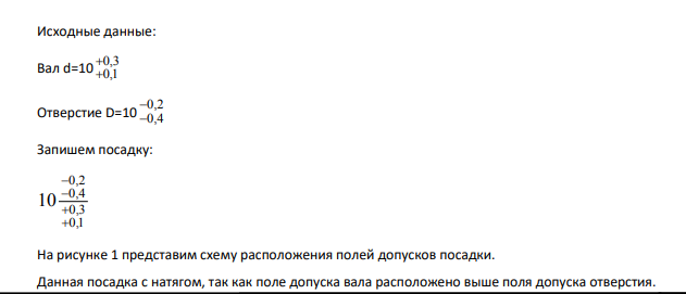Исходные данные: Вал d=10 0,3 0,1   Отверстие D=10 0,2 0,4   Запишем посадку: 0,2 0,4 0,3 0,1 10     На рисунке 1 представим схему расположения полей допусков посадки
