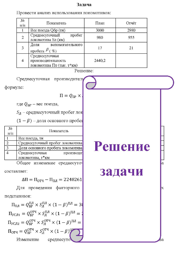 Провести анализ использования покомотивов: №o 11/1 Показатель План Отчёт 2 3 Вес поезда Обр (тн) тн) Среднесуточный локомотива Sл (км) Доля пробега P(% пробег вспомогательного 3000 980 17 2980 955 21 4 Среднесуточная производительность локомотива Пл (тыс. т*км) 2440,2