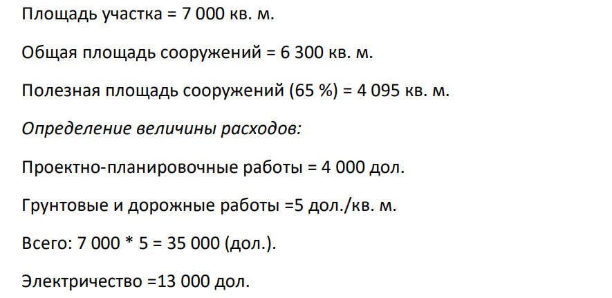 Площадь участка = 7 000 кв. м. Общая площадь сооружений = 6 300 кв. м.