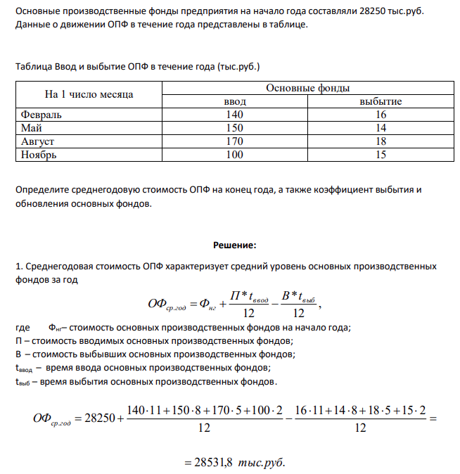 Основные производственные фонды предприятия на начало года составляли 28250 тыс.руб. Данные о движении ОПФ в течение года представлены в таблице. Таблица Ввод и выбытие ОПФ в течение года (тыс.руб.)