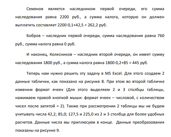 Имеется следующая таблица. № п/п ФИО Наследники Nочереди Сумма Сумма налога 1 Лушников 1-й очереди 1 560 2 Федоров 2-й очереди 3 500 3 Семенов 1-й очереди 2 200 4 Бобров 1-й очереди 760 5 Колесников 2-й очереди 1 800