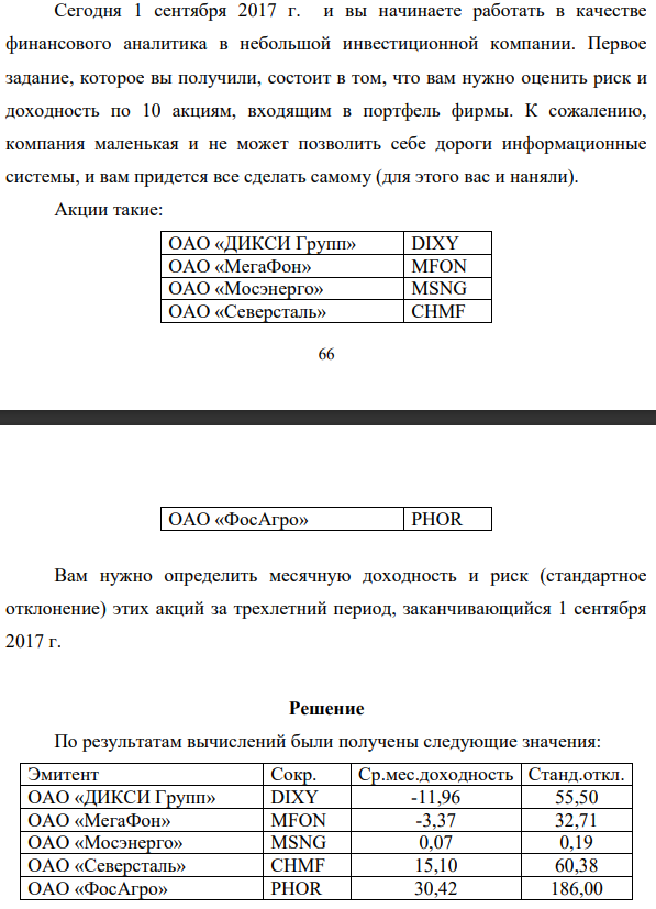 Сегодня 1 сентября 2017 г. и вы начинаете работать в качестве финансового аналитика в небольшой инвестиционной компании. Первое задание, которое вы получили, состоит в том, что вам нужно оценить риск и доходность по 10 акциям, входящим в портфель фирмы