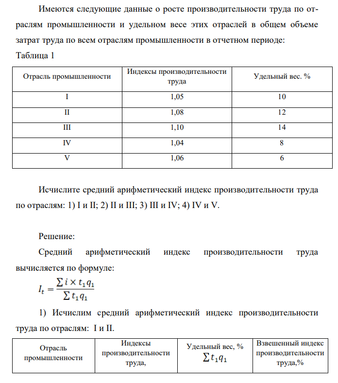 Имеются следующие данные о росте производительности труда по отраслям промышленности и удельном весе этих отраслей в общем объеме затрат труда по всем отраслям промышленности в отчетном периоде: Таблица 1 Отрасль промышленности Индексы производительности труда Удельный вес. % I 1,05 10