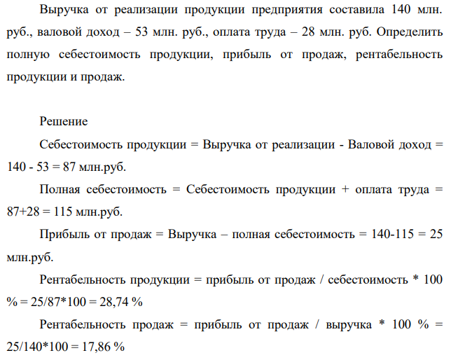 Выручка от реализации продукции предприятия составила 140 млн. руб., валовой доход – 53 млн. руб., оплата труда – 28 млн. руб. Определить полную себестоимость продукции, прибыль от продаж, рентабельность продукции и продаж. Себестоимость продукции = Выручка от реализации - Валовой доход = 140 - 53 = 87 млн.руб.