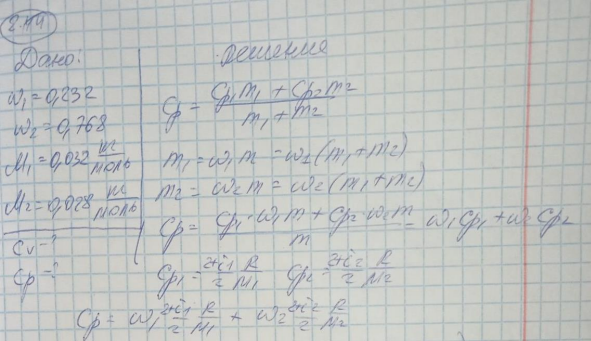 Сухой воздух предполагается состоящим из кислорода с массовой долей w1 = =0,232 и азота с массовой долей w2 = 0,768. Определить удельные теплоемкости cv и ср этой газовой смеси.
