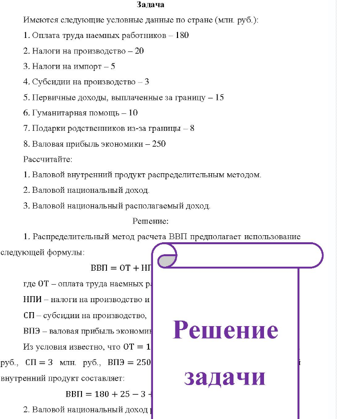 Задача Имеются следующие условные данные по стране (млн. руб.): 1. Оплата труда наемных работников - 180 2. Налоги на производство - 20 3. Налоги на импорт - 5 4. Субсидии на производство - 3 5.