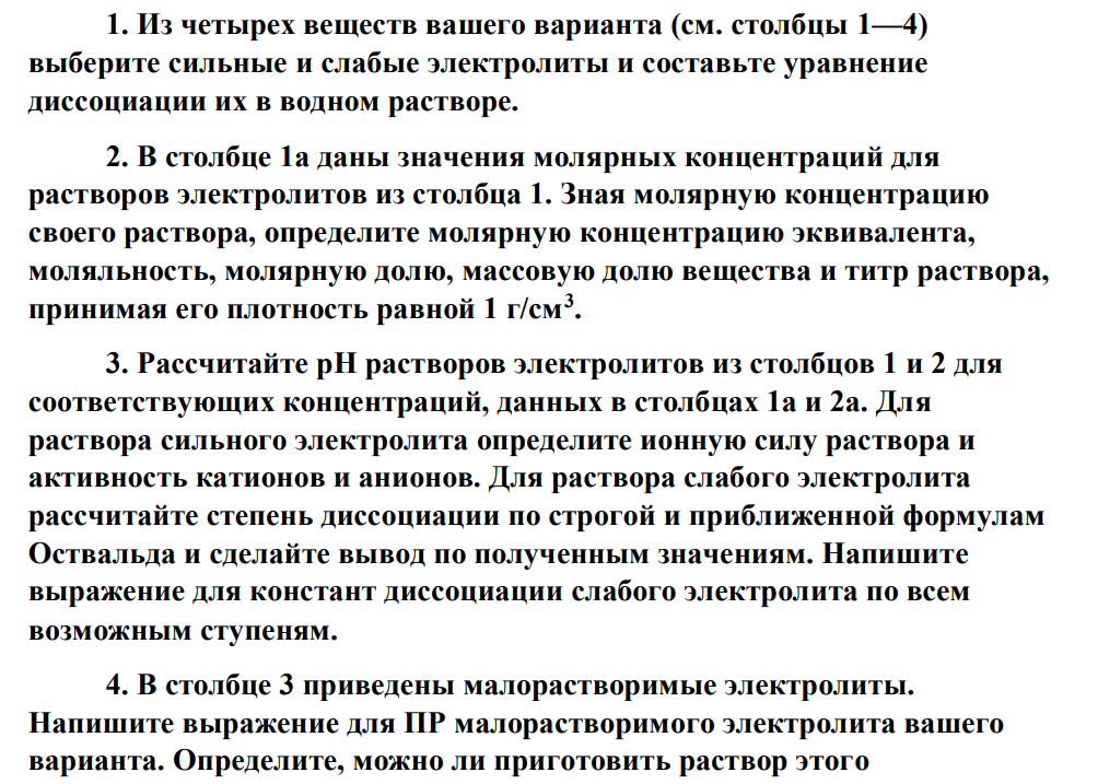 1. Из четырех веществ вашего варианта (см. столбцы 1—4) выберите сильные и слабые электролиты и составьте уравнение диссоциации их в водном растворе. 2. В столбце 1а даны значения молярных концентраций для растворов электролитов из столбца 1. Зная молярную концентрацию своего раствора, определите молярную концентрацию эквивалента, моляльность, молярную долю, массовую долю вещества и титр раствора, принимая его плотность равной 1 г/см3 .