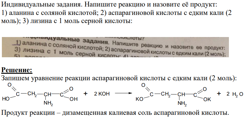 Индивидуальные задания. Напишите реакцию и назовите её продукт: 1) аланина с соляной кислотой; 2) аспарагиновой кислоты с едким кали (2 моль); 3) лизина с 1 моль серной кислоты: