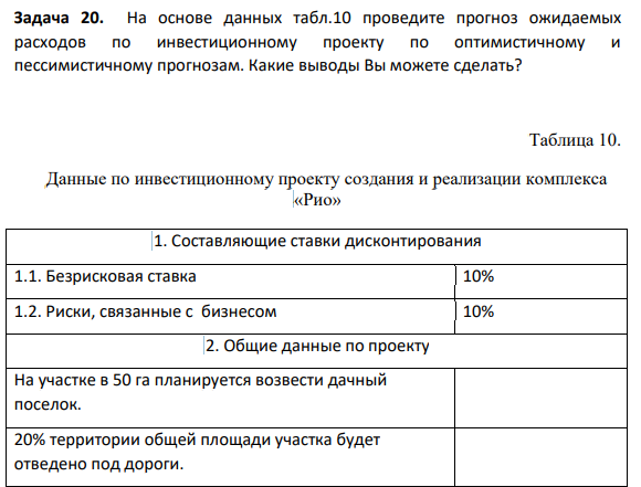 На основе данных табл.10 проведите прогноз ожидаемых расходов по инвестиционному проекту по оптимистичному и пессимистичному прогнозам. Какие выводы Вы можете сделать?