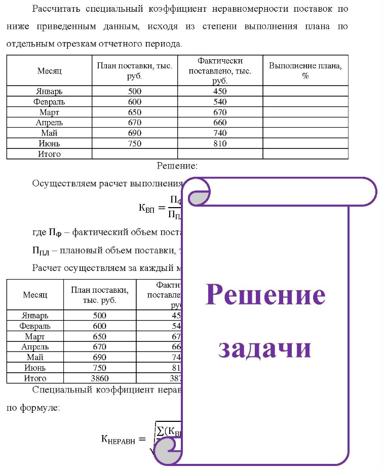 Рассчитать специальный коэффициент неравномерности поставок по ниже приведенным данным, исходя из степени выполнения плана по отдельным отрезкам отчетного периода. Месяц Январь Февраль Март Апрель Май Июнь Итого План поставки, тыс. руб. 500 600 650 670 690 750 Фактически поставлено,