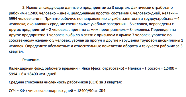 Имеются следующие данные о предприятии за 3 квартал: фактически отработано рабочими 12400 человеко – дней, целодневные простои составили 6 человеко-дней, неявки – 5994 человека-дня. Принято рабочих: по направлению службы занятости и трудоустройства – 4 человека; окончивших средние специальные учебные заведения – 5 человек, переведены с других предприятий – 2 человека, приняты самим предприятием – 3 человека.