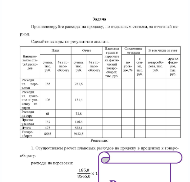 Задача Проанализируйте расходы на продажу, по отдельным статьям, за отчетный пе- риод. Сделайте выводы по результатам анализа. Наименование статей расхо- дов План Отчет ет сумма, %вто- сумма, %вто- тыс. варо- тыс. руб. обороту руб.