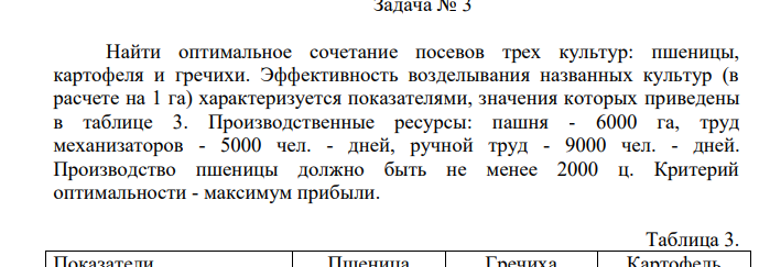 Найти оптимальное сочетание посевов трех культур: пшеницы, картофеля и гречихи. Эффективность возделывания названных культур (в расчете на 1 га) характеризуется показателями, значения которых приведены в таблице 3