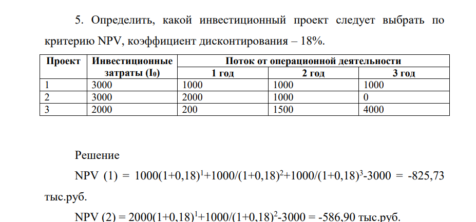 Определиить, какой инвестиционный проект следует выбрать по критерию NPV, коэффициент дисконтирования – 18%. Проект Инвестиционные затраты (I0) Поток от операционной деятельности 1 год 2 год 3 год 1 3000 1000 1000 1000 2 3000 2000 1000 0 3 2000 200 1500 4000