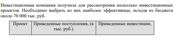 Инвестиционная компания получила для рассмотрения несколько инвестиционных проектов. Необходимо выбрать из них наиболее эффективные, исходя из бюджета около 70 000 тыс. руб.