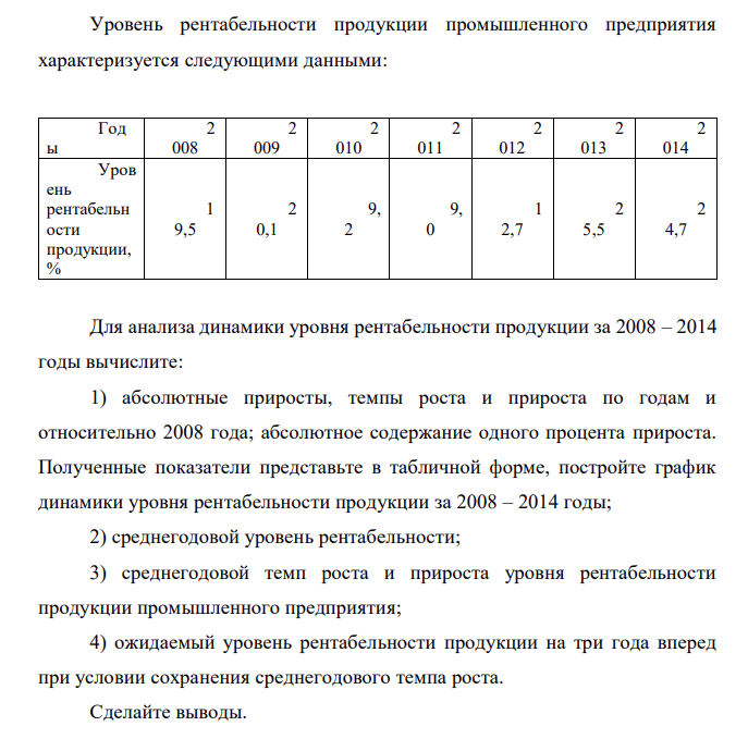 Уровень рентабельности продукции промышленного предприятия характеризуется следующими данными: Год ы 2 008 2 009 2 010 2 011 2 012 2 013 2 014 Уров ень рентабельн ости продукции, % 1 9,5 2 0,1 9, 2 9, 0 1 2,7 2 5,5 2 4,7