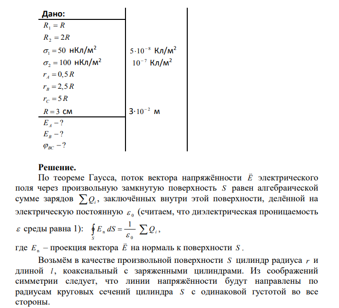 На двух коаксиальных бесконечно длинных цилиндрах радиусами R и 2R равномерно распределены заряды с поверхностными плотностями 1 и 2(см. рис.2.2) Найдите модуль и направление вектора напряжённости электрического поля в точках А и В на расстояниях rA и rB от оси цилиндров.