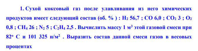 Сухой коксовый газ после улавливания из него химических продуктов имеет следующий состав (об. % ) : Н2 56,7 ; СО 6,0 ; СО2 3 ; О2 0,8 ; СН4 26 ; N2 5 ; С2Н4 2,5 .
