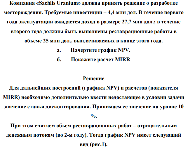 Компания «Sachlis Uranium» должна принять решение о разработке месторождения. Требуемые инвестиции – 4,4 млн дол. В течение первого года эксплуатации ожидается доход в размере 27,7 млн дол.; в течение второго года должны быть выполнены реставрационные работы в объеме 25 млн дол., выплачиваемых в конце этого года. а. Начертите график NPV. б. Покажите расчет MIRR