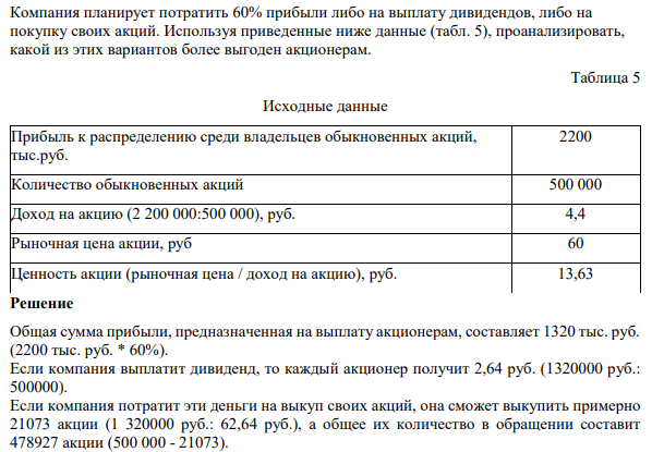 Компания планирует потратить 60% прибыли либо на выплату дивидендов, либо на покупку своих акций. Используя приведенные ниже данные (табл. 5), проанализировать, какой из этих вариантов более выгоден акционерам.