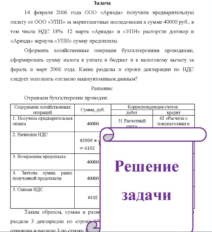 14 февраля 2006 года ООО «Аркада» получила предварительную оплату от ООО «УПН» за маркетинговые исследования в сумме 40000 руб. , в том числе НДС 18%. 12 марта «Аркада» и «УПН» расторгли договор и «Аркада» вернула «УПН» сумму предоплаты. Оформить хозяйственные операции бухгалтерскими проводками, сформировать сумму налога к уплате в бюджет и к налоговому вычету за фераль и март 2006 года.