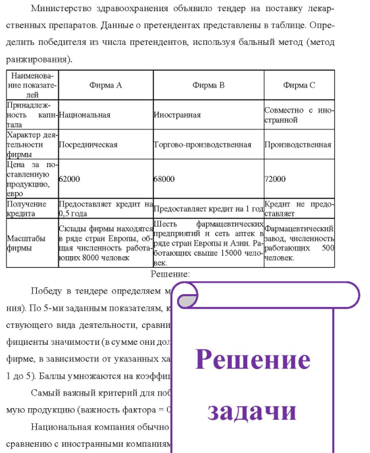 Министерство здравоохранения объявило тендер на поставку лекар- ственных препаратов. Данные о претендентах представлены в таблице. Опре- делить победителя из числа претендентов, используя бальный метод (метод ранжирования). Наименование показате- Фирма А Фирма В Фирма