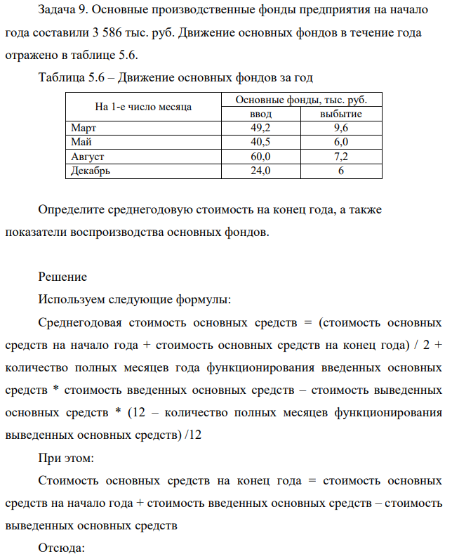 Основные производственные фонды предприятия на начало года составили 3 586 тыс. руб. Движение основных фондов в течение года отражено в таблице