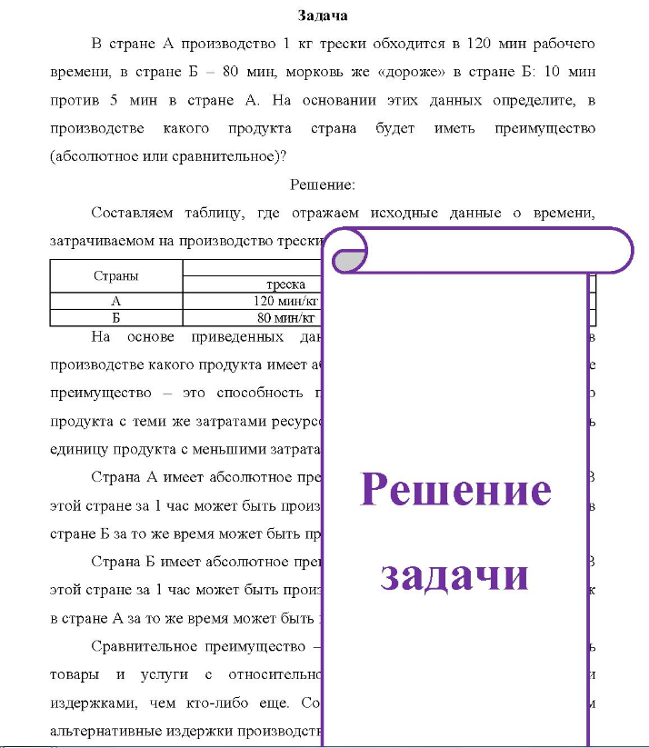 Задача В стране А производство 1 кг трески обходится в 120 мин рабочего времени, в стране Б - 80 мин, морковь же «дороже» в стране Б: 10 мин против 5 мин в стране А. На основании этих данных определите, в производстве какого продукта страна будет иметь преимущество (абсолютное или сравнительное)?