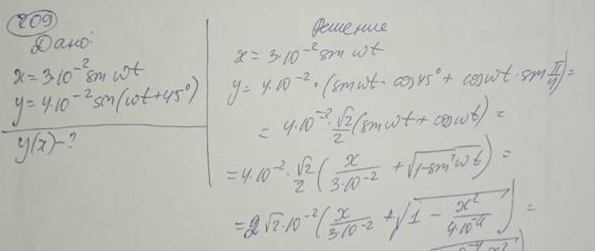 Частица совершает одновременно два гармонических колебания одинаковой частоты, происходящих по взаимно перпендикулярным направлениям и выражаемых уравнениями: x= 3,0 102 sin o и у = 4,0 102 sin (@ t + 45°). Найти уравнение траектории частицы, построить ее и указать направление движения.