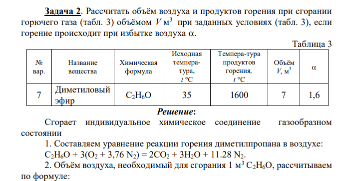 Рассчитать объём воздуха и продуктов горения при сгорании горючего газа (табл. 3) объёмом V м 3 при заданных условиях (табл. 3), если горение происходит при избытке воздуха . Таблица 3 № вар. Название вещества Химическая