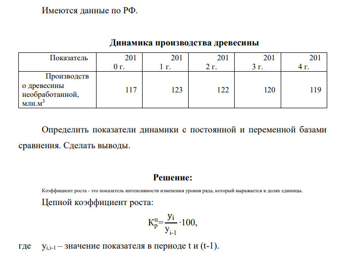 Имеются данные по РФ. Динамика производства древесины Показатель 201 0 г. 201 1 г. 201 2 г. 201 3 г. 201 4 г. Производств о древесины необработанной, млн.м3 117 123 122 120 119 Определить показатели динамики с постоянной