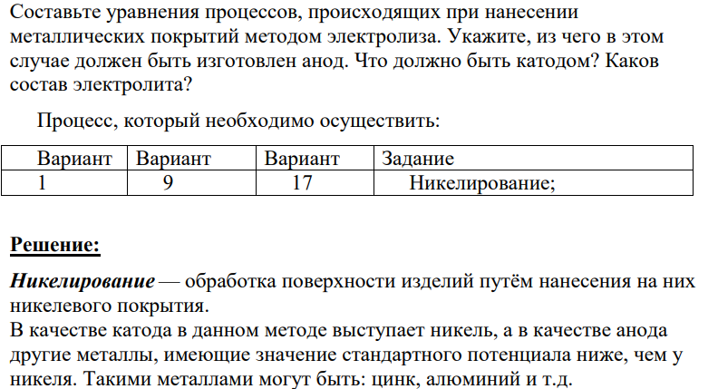 Составьте уравнения процессов, происходящих при нанесении металлических покрытий методом электролиза. Укажите, из чего в этом случае должен быть изготовлен анод. Что должно быть катодом? Каков состав электролита? Процесс, который необходимо осуществить: