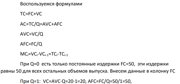 Заполните таблицу, рассчитав недостающие данные. Q TC FC VC AC AVC AFC MC 0 50 1 20 2 35 3 10 4 30 5 160